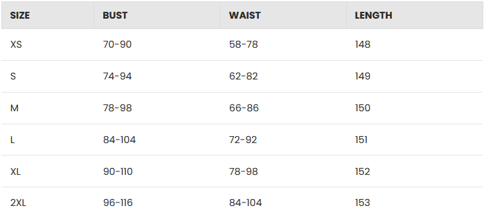Size chart for ELLA Timeless Maxi Dress