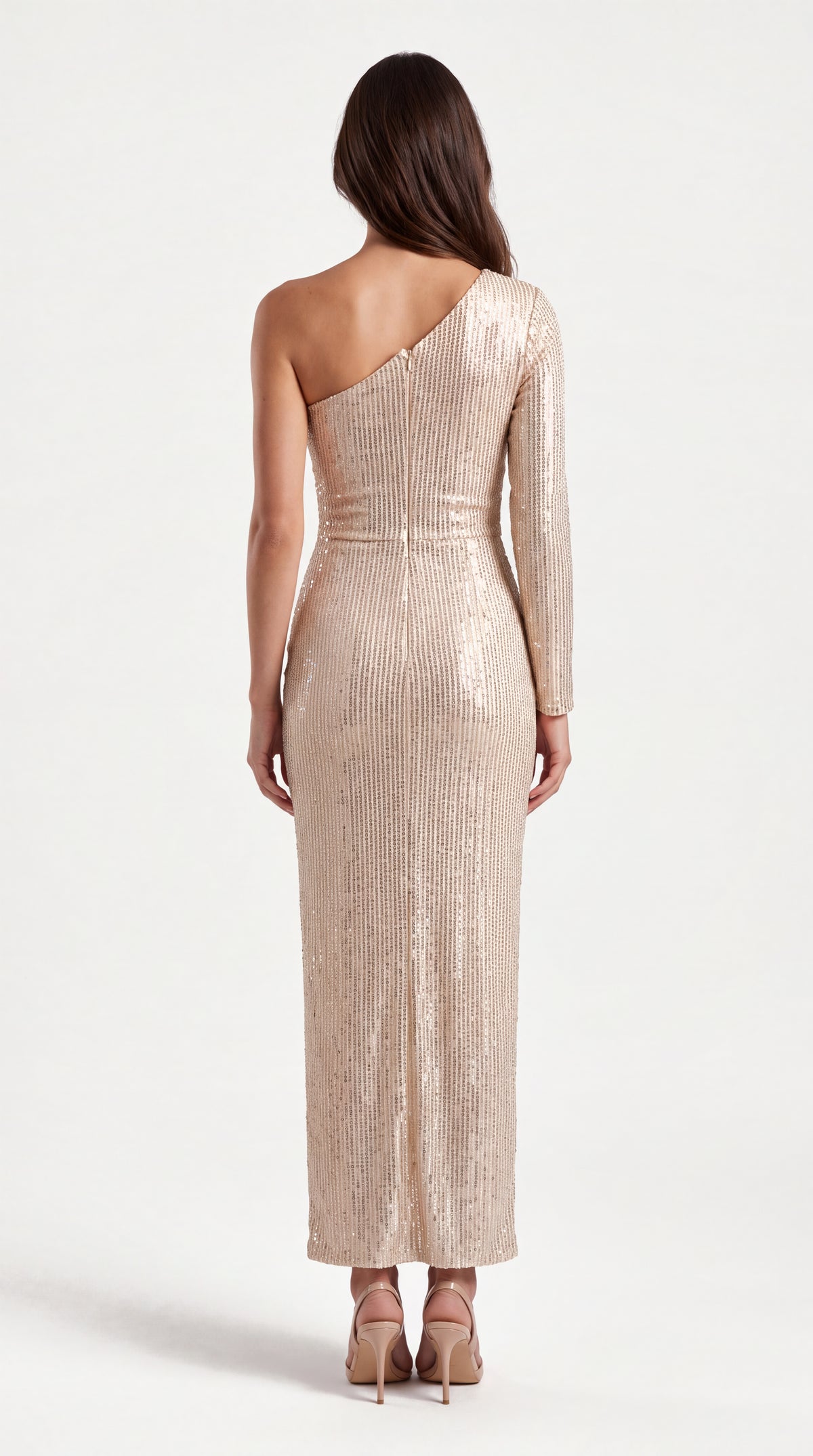 Champagne one-shoulder sequin maxi dress for women, back view of the Aurelie One-Shoulder Sequin Maxi Dress – Champagne showing the fit and length, ELLA Toronto