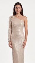 Champagne one-shoulder sequin maxi dress for women, the Aurelie One-Shoulder Sequin Maxi Dress – Champagne by ELLA Toronto, front view from head to knee showing the neckline, bodice and fit