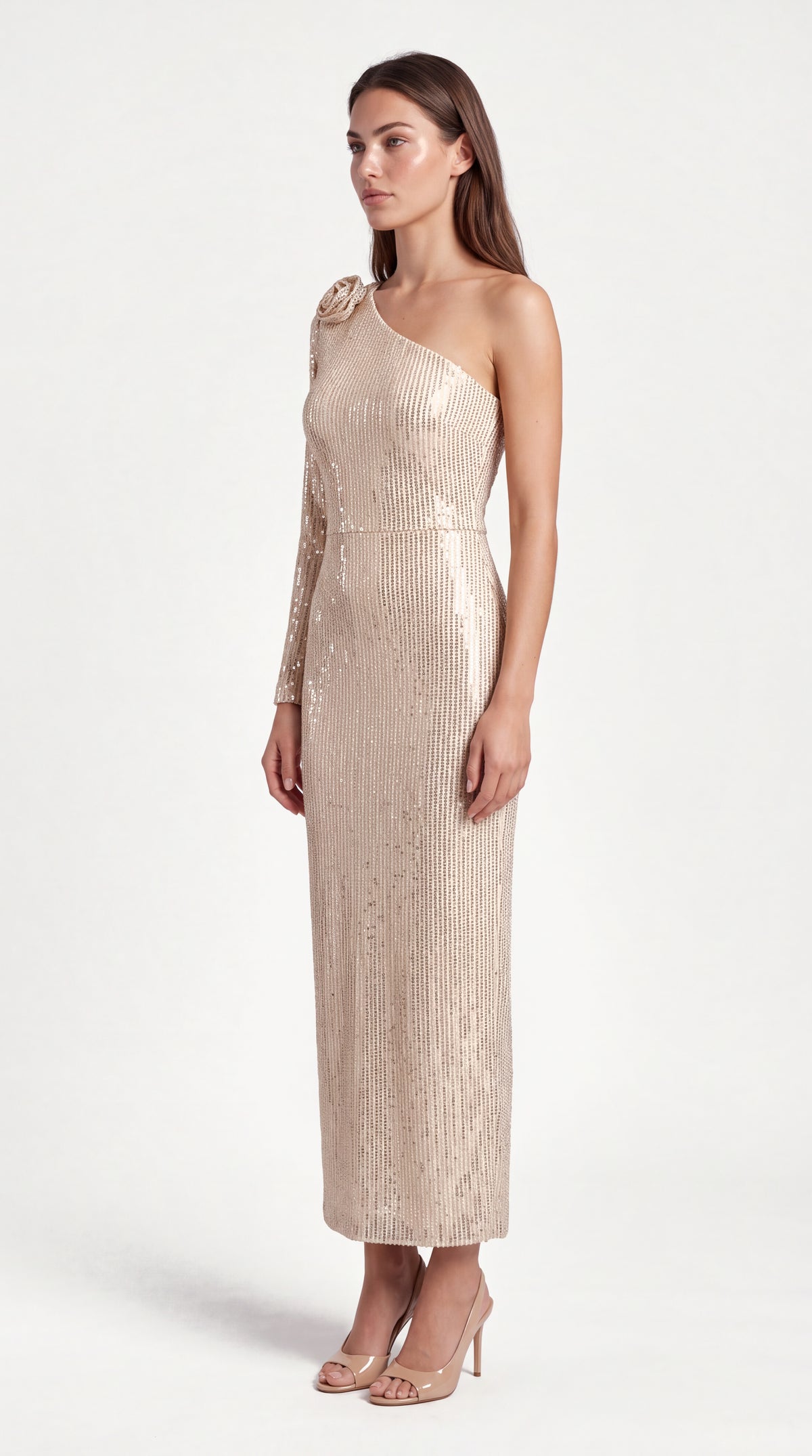Champagne one-shoulder sequin maxi dress for women, side view of the Aurelie One-Shoulder Sequin Maxi Dress – Champagne showing the relaxed fit and length, ELLA Toronto