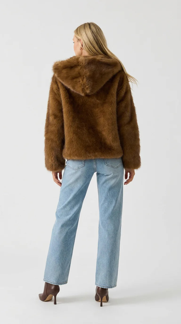Brown faux fur hooded jacket for women, back view showing the oversized fur hood and cropped relaxed fit
