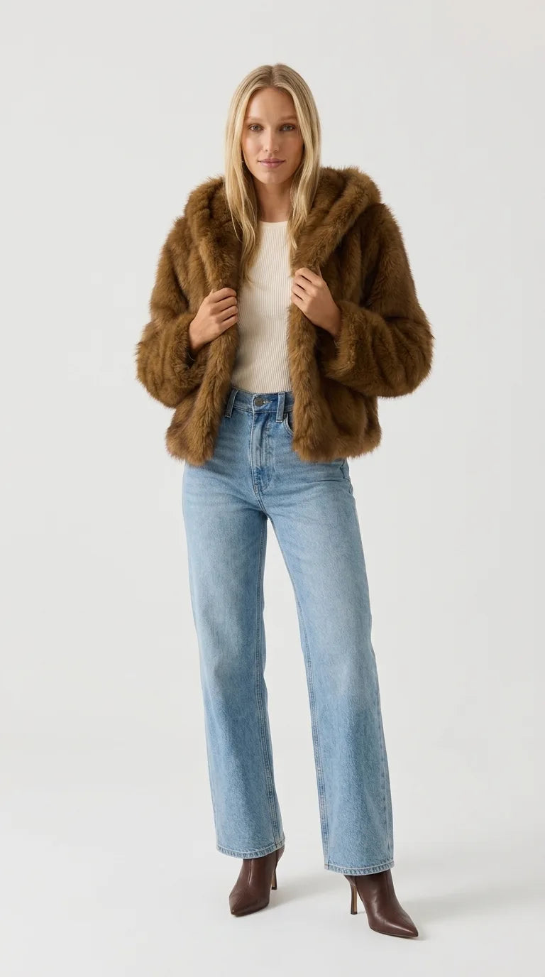 Brown faux fur hooded jacket for women, cropped and worn open with a cream top and wide-leg jeans, ELLA Toronto