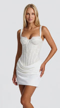 White lace corset mini dress for women, the Celeste Lace Corset Mini Dress – White by ELLA Toronto, front view from head to knee showing the neckline, bodice and fit