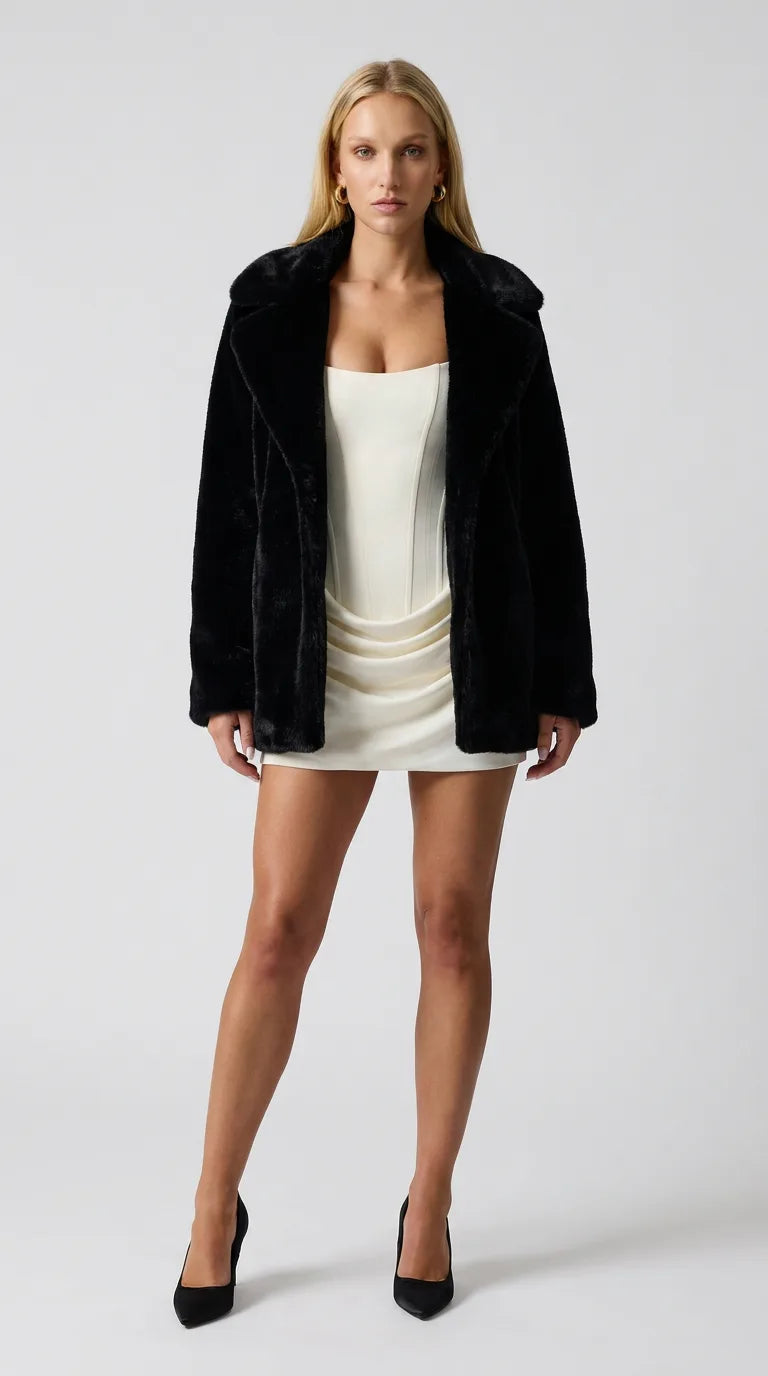 Black faux fur lapel jacket for women, front view of the Distillery Faux Fur Jacket by ELLA Toronto in a light grey studio