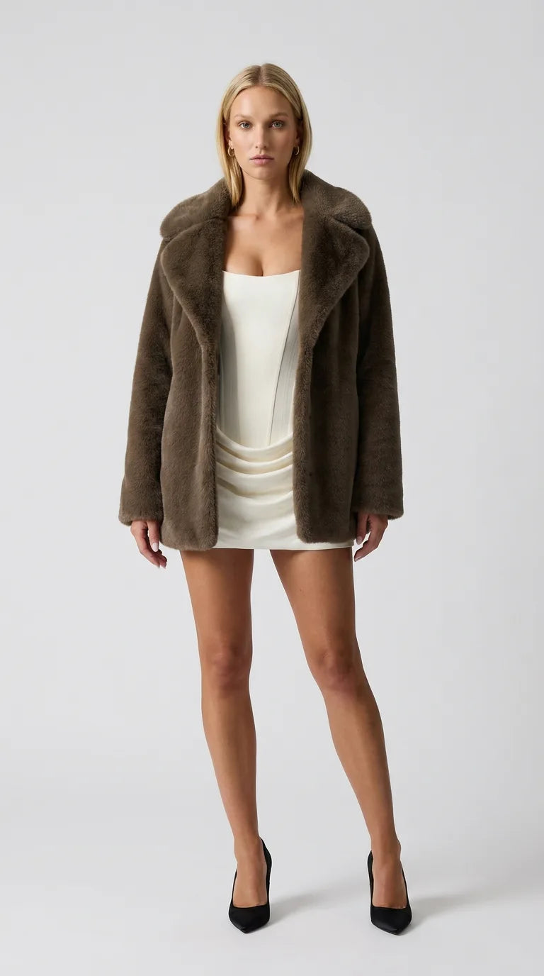 Brown faux fur lapel jacket for women, front view of the Distillery Faux Fur Jacket by ELLA Toronto in a light grey studio