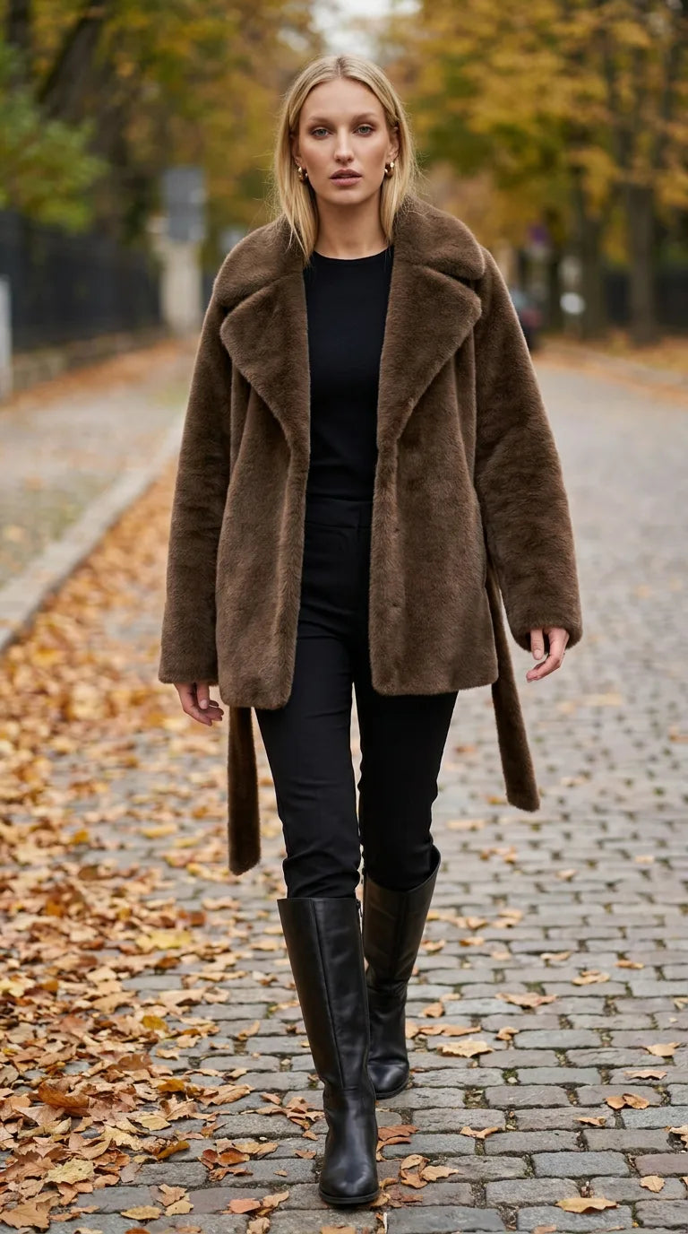Brown faux fur lapel jacket for women, the Distillery Faux Fur Jacket by ELLA Toronto styled on an autumn city street