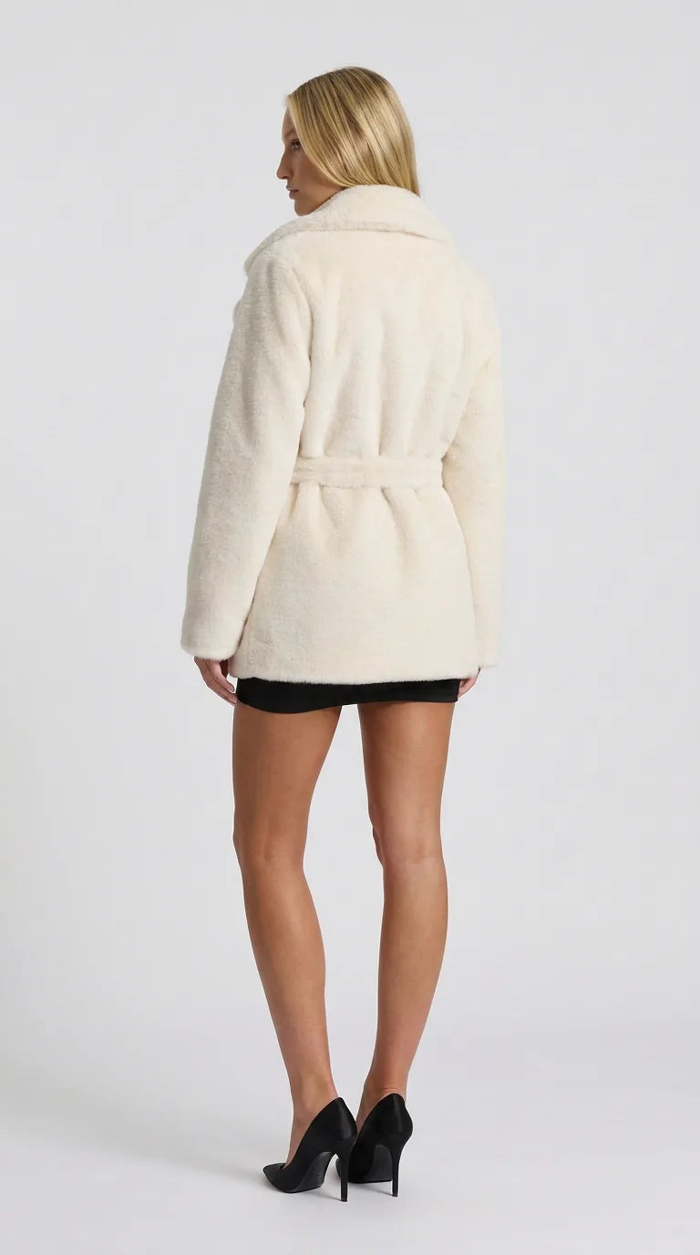 Off-white faux fur lapel jacket for women, back view of the Distillery Faux Fur Jacket showing the fit and length, ELLA Toronto