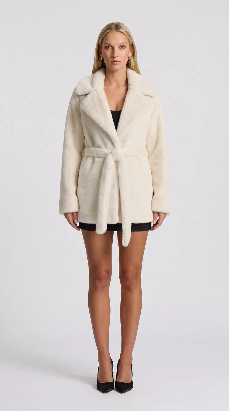 Off-white faux fur lapel jacket for women, front view of the Distillery Faux Fur Jacket by ELLA Toronto in a light grey studio