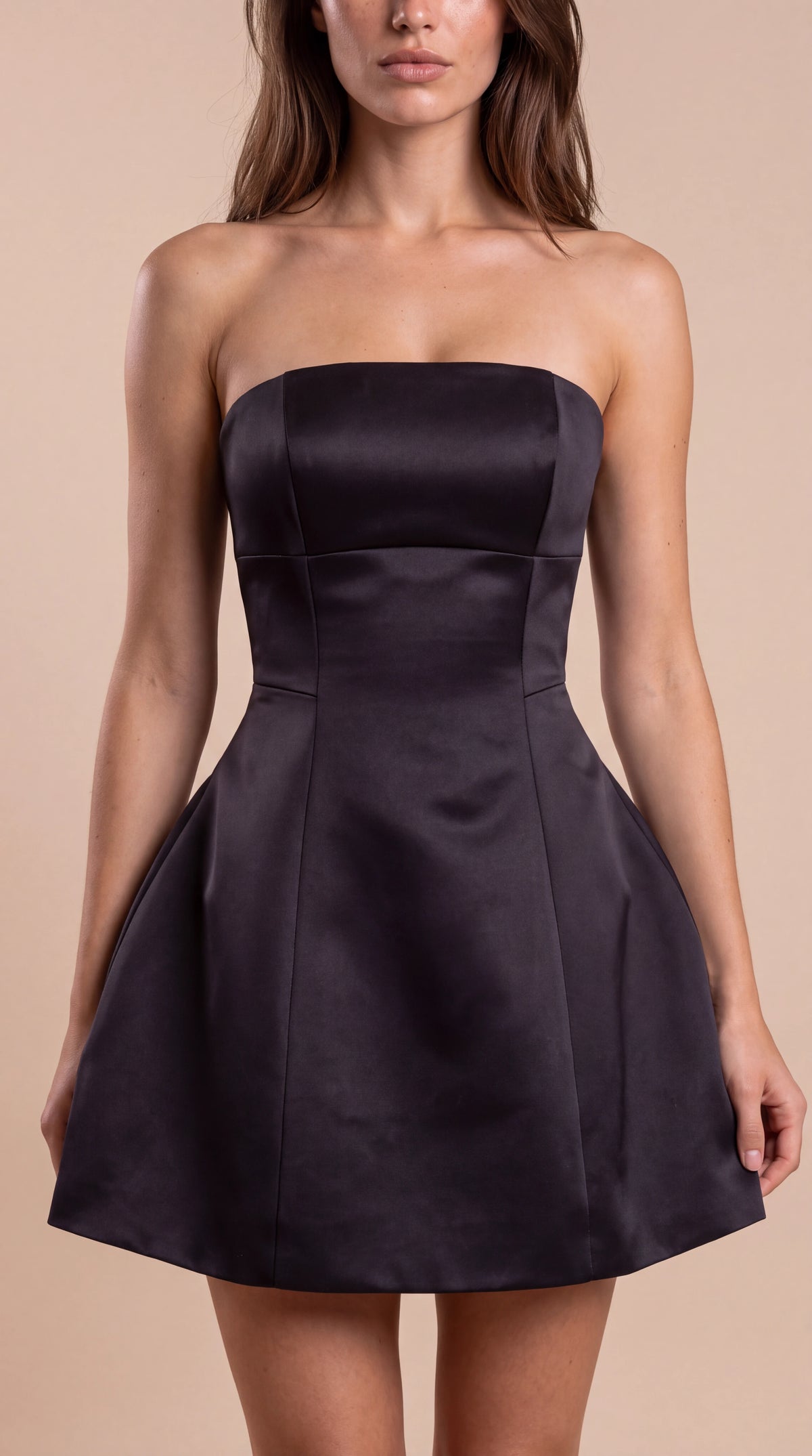 Close-up of the front of the Elodie Sculpted Mini Dress – Black, showing the neckline, bodice and fabric, ELLA Toronto