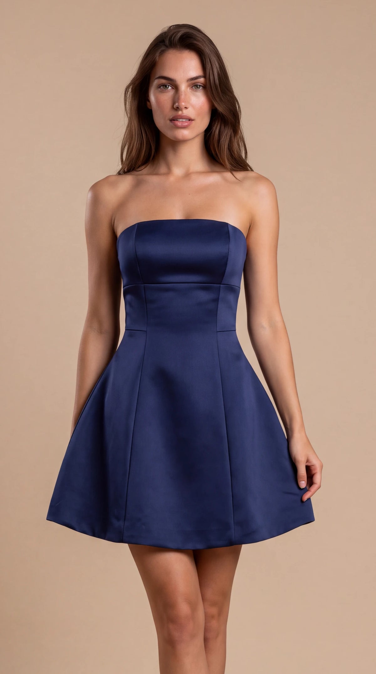 Navy blue strapless satin bell mini dress for women, the Elodie Sculpted Mini Dress – Navy Blue by ELLA Toronto, front view from head to knee showing the neckline, bodice and fit