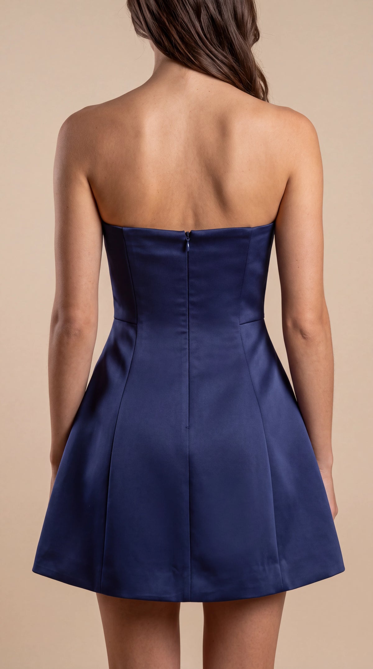 Close-up of the back of the Elodie Sculpted Mini Dress – Navy Blue, showing the back details, straps and fit, ELLA Toronto