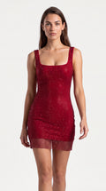 Red rhinestone mesh bodycon mini dress for women, the Estelle Rhinestone Mesh Mini Dress – Red by ELLA Toronto, front view from head to knee showing the neckline, bodice and fit