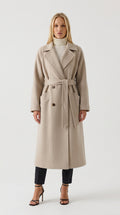 Women's apricot white alpaca wool blend coat by ELLA Toronto, double-breasted with tie belt, front view