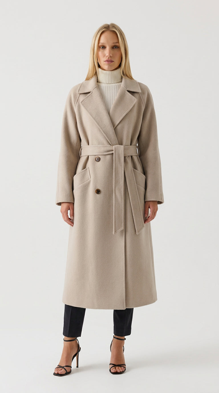 Women's apricot white alpaca wool blend coat by ELLA Toronto, double-breasted with tie belt, front view