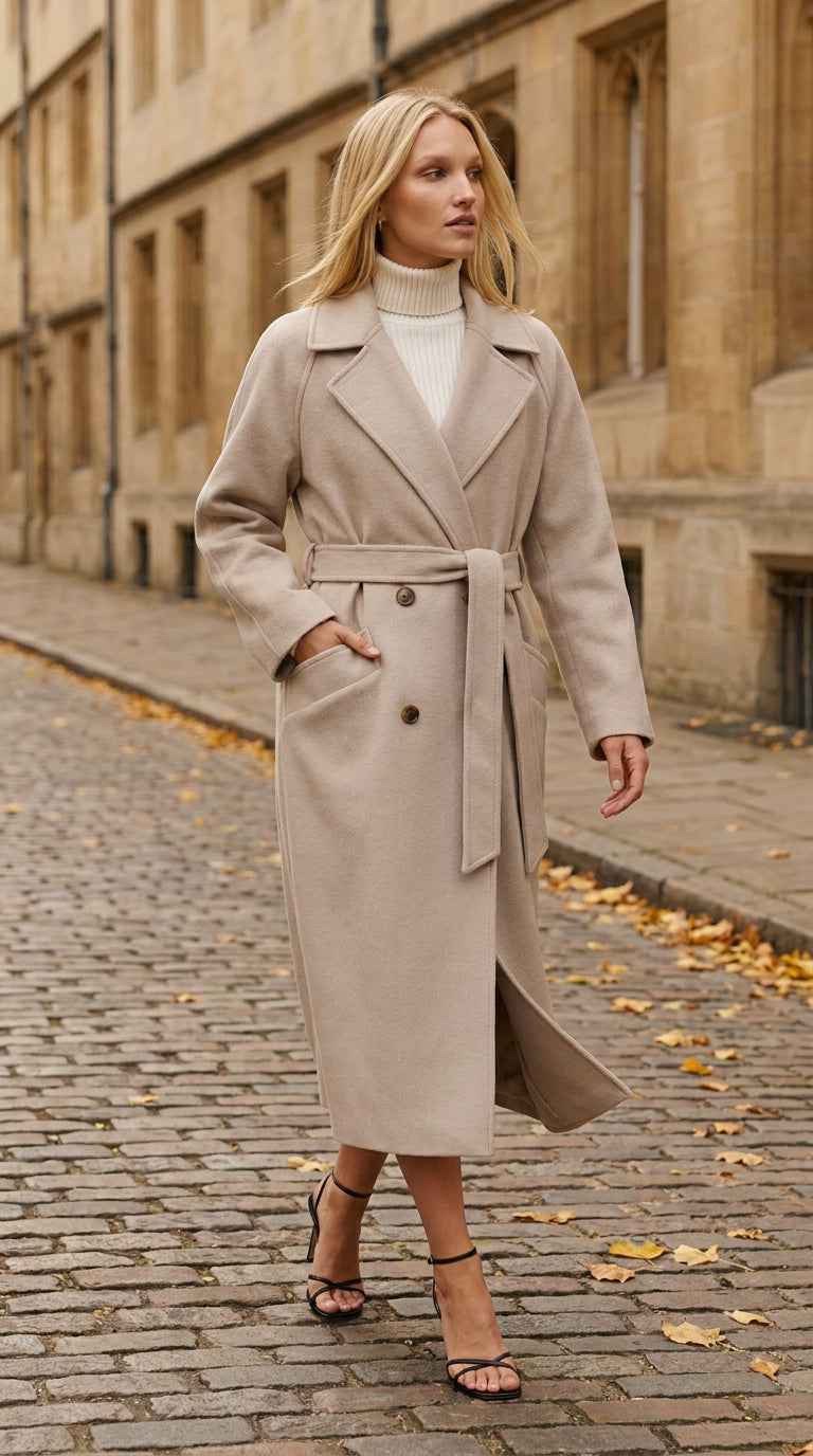 Apricot white alpaca wool blend coat styled with a turtleneck on an autumn city street, ELLA Toronto