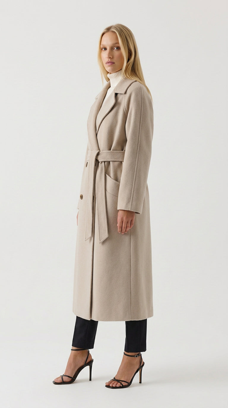 Apricot white belted wool blend coat for women, side view showing the straight mid-length cut