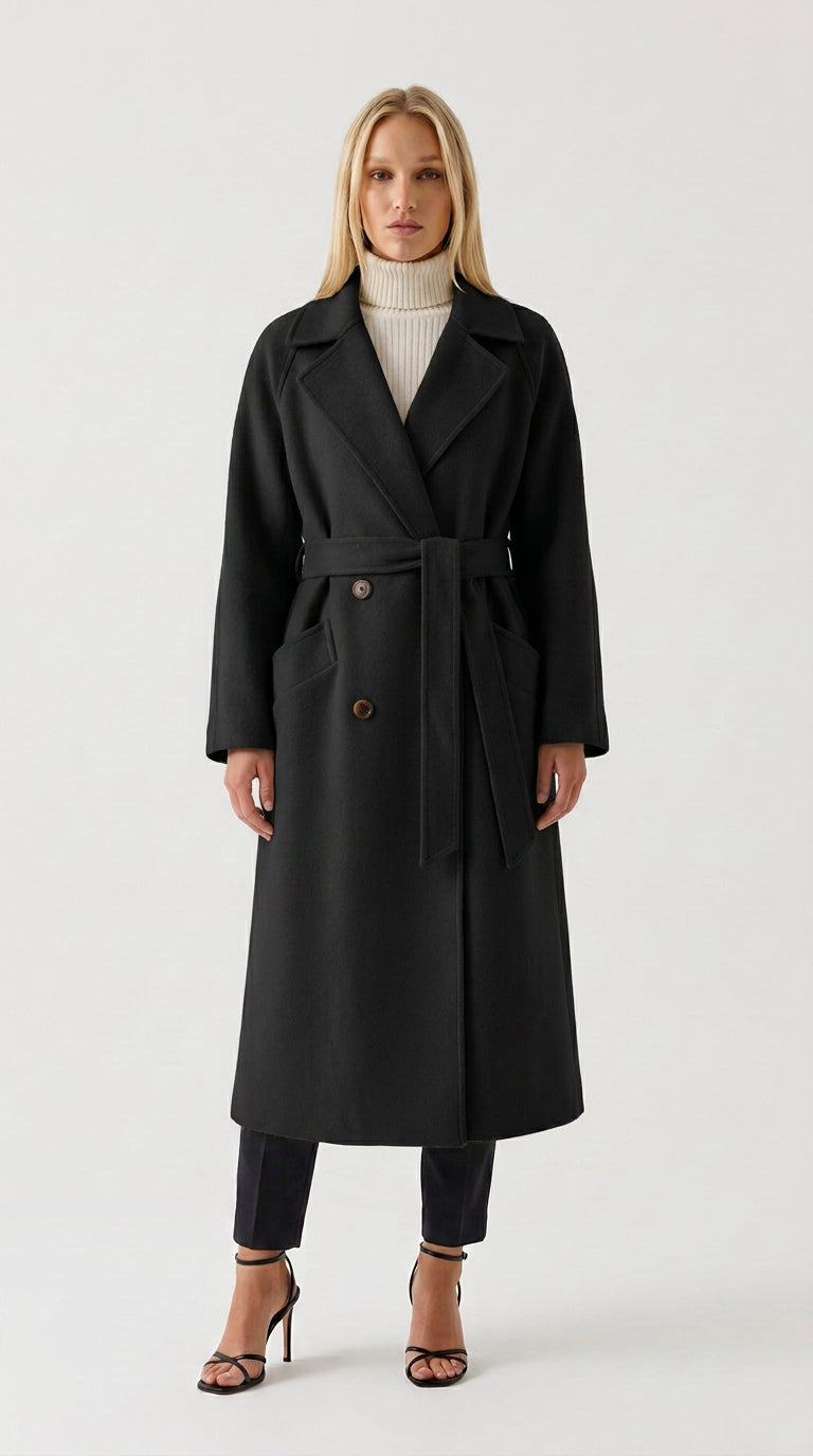 Black belted wool blend coat for women, side view of the double-breasted Forest Hill coat by ELLA Toronto