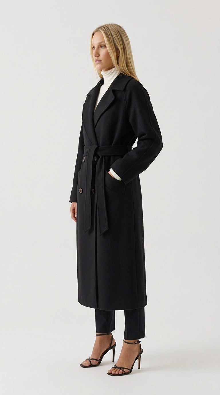 Women's black alpaca wool blend coat with tie belt and notch lapel collar, front view, ELLA Toronto