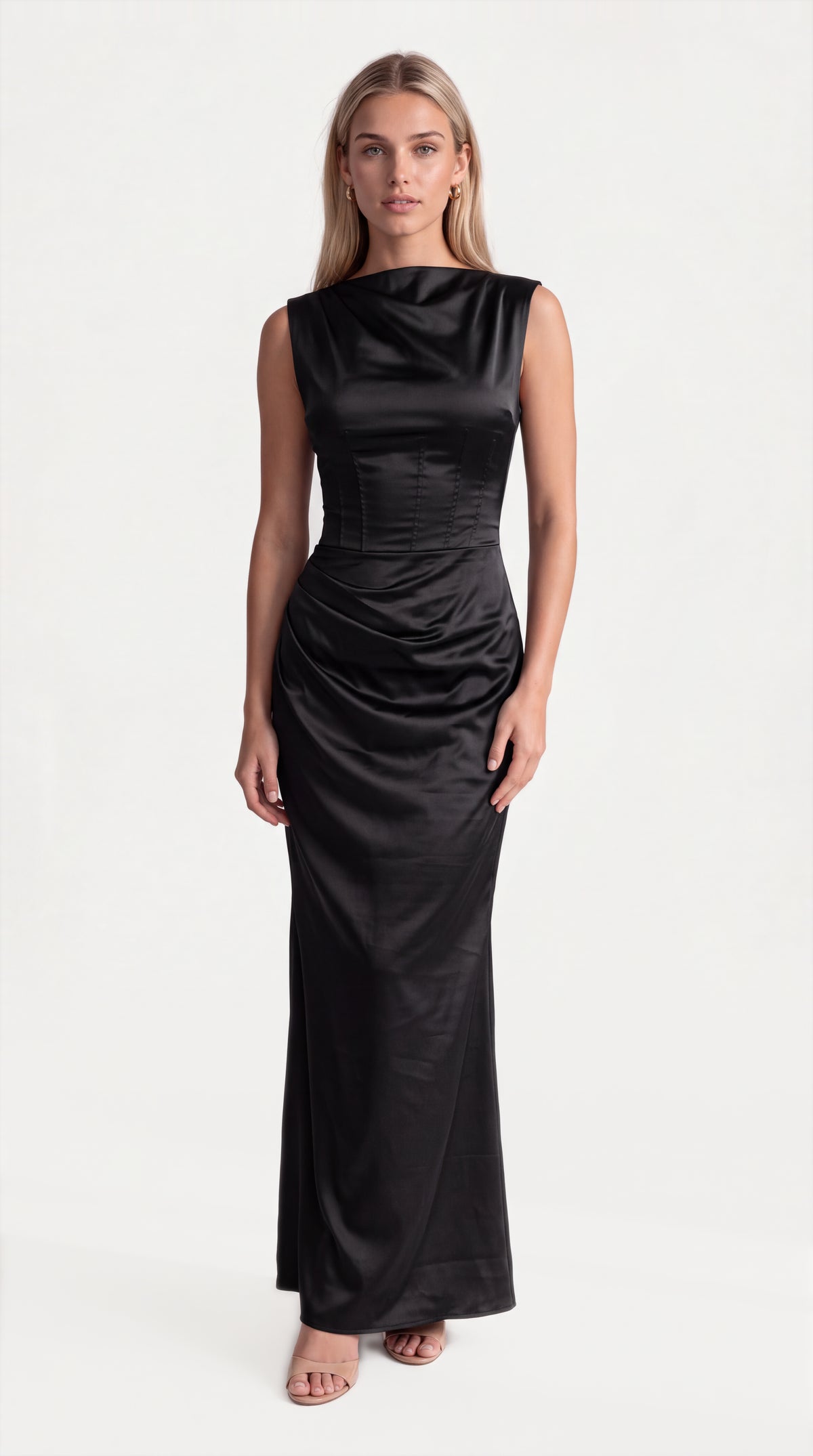 Black satin corset maxi dress with draped neckline for women, front view of the Genevieve Satin Corset Maxi Dress – Black by ELLA Toronto in a light grey studio