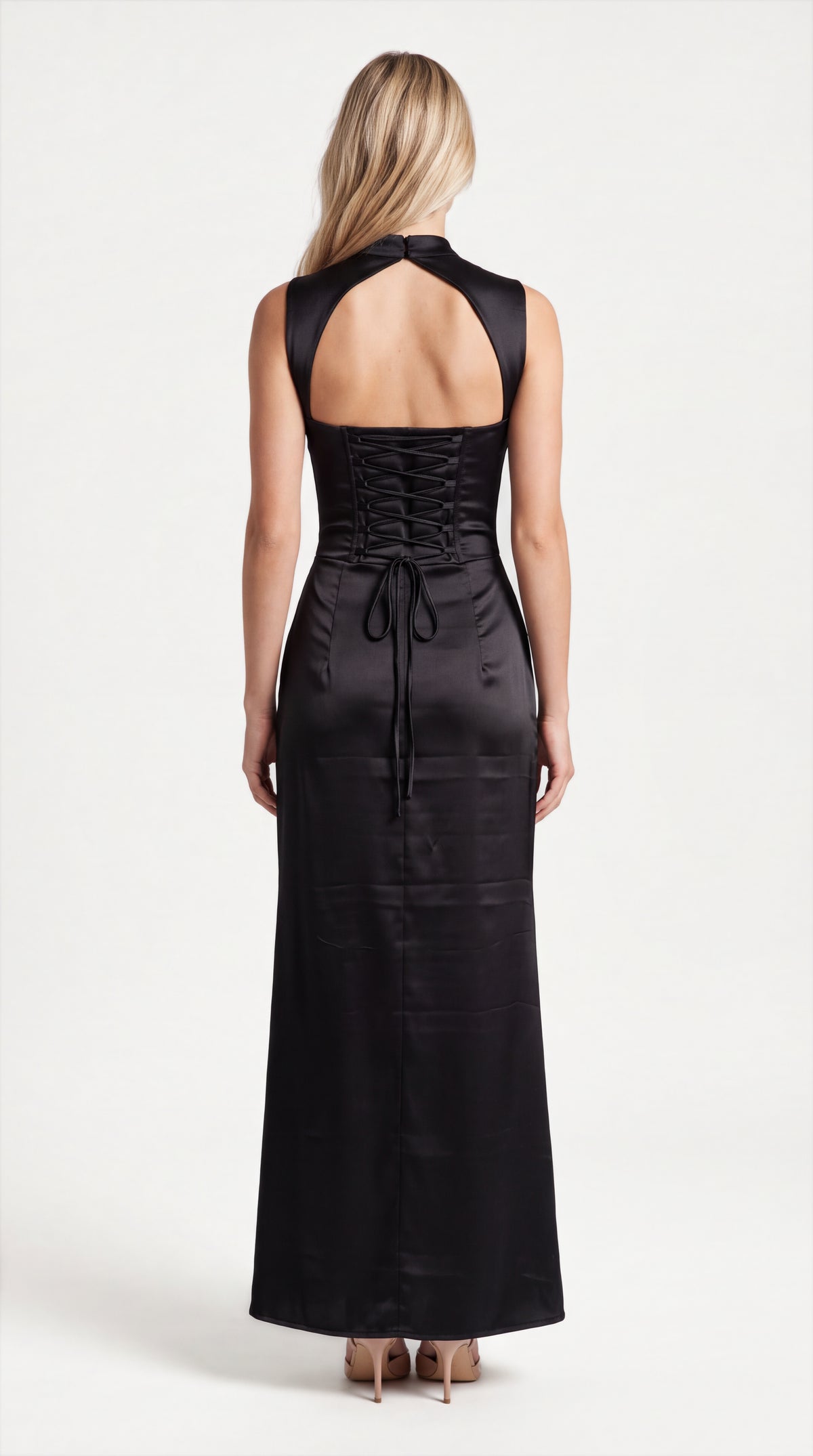 Black satin corset maxi dress with draped neckline for women, front view of the Genevieve Satin Corset Maxi Dress – Black by ELLA Toronto in a light grey studio