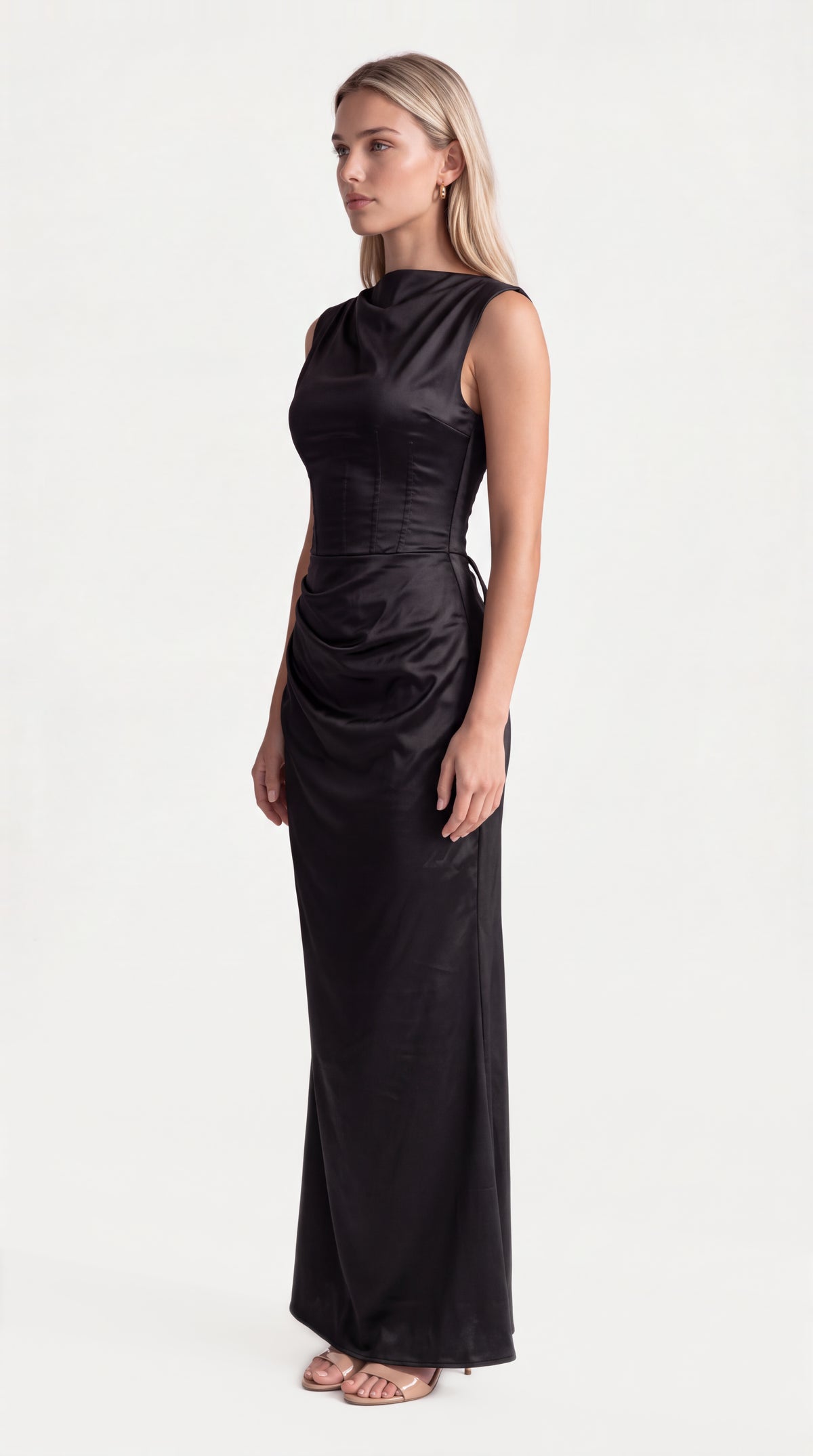 Black satin corset maxi dress with draped neckline for women, front view of the Genevieve Satin Corset Maxi Dress – Black by ELLA Toronto in a light grey studio