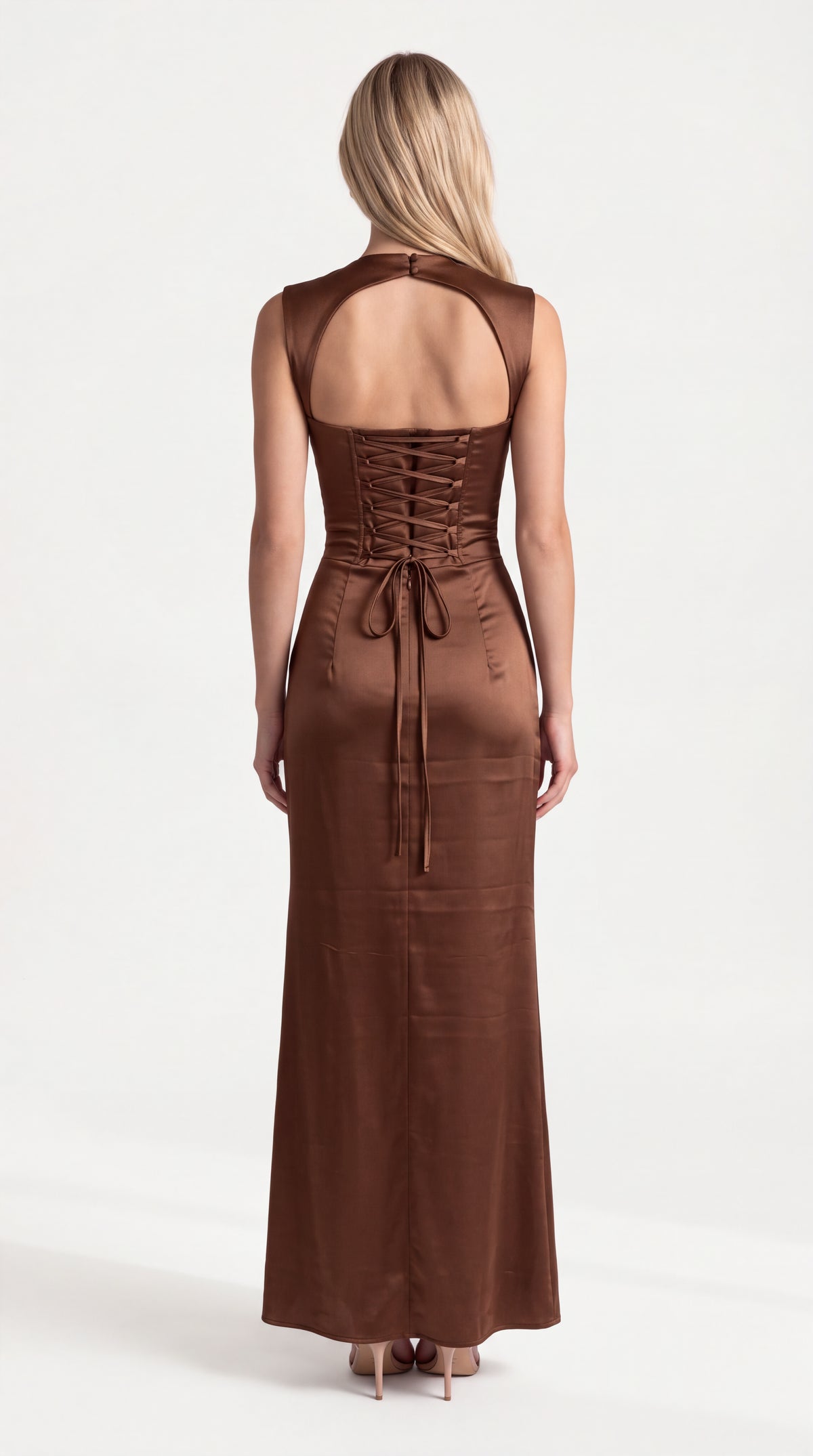 Brown satin corset maxi dress with draped neckline for women, back view of the Genevieve Satin Corset Maxi Dress – Brown showing the fit and length, ELLA Toronto