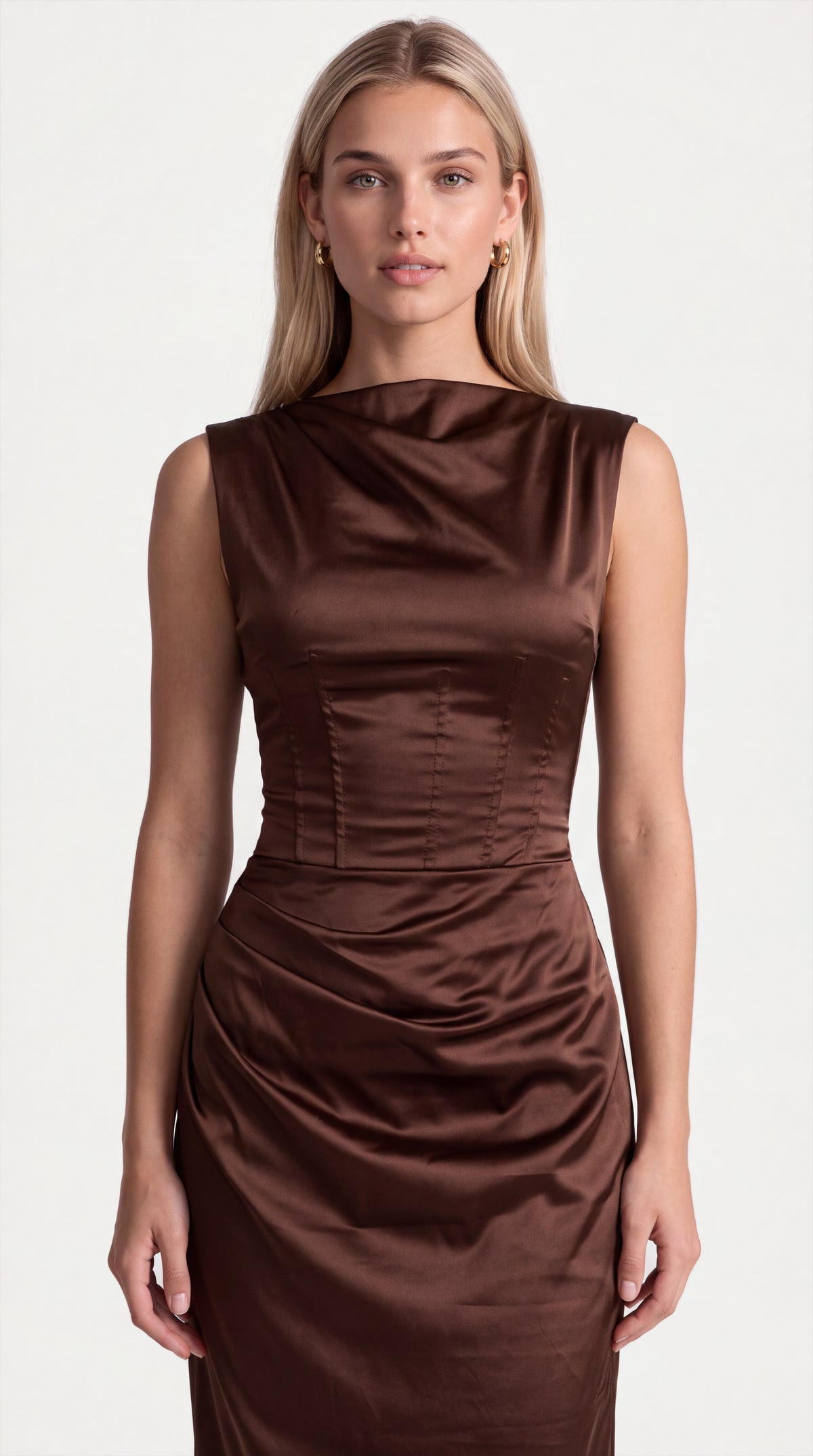 Close-up of the front of the Genevieve Satin Corset Maxi Dress – Brown, showing the neckline, bodice and fabric, ELLA Toronto