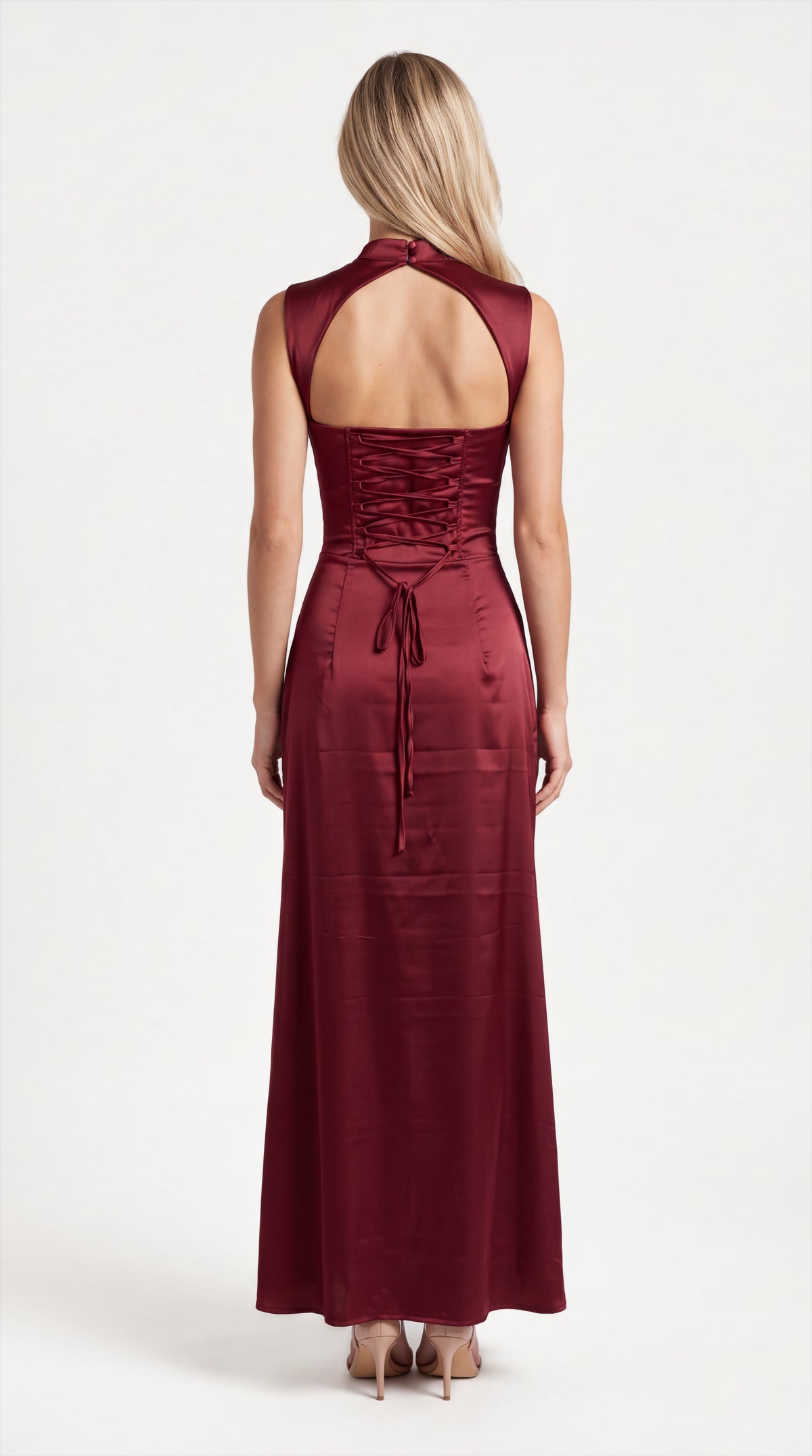 Burgundy satin corset maxi dress with draped neckline for women, back view of the Genevieve Satin Corset Maxi Dress – Burgundy showing the fit and length, ELLA Toronto