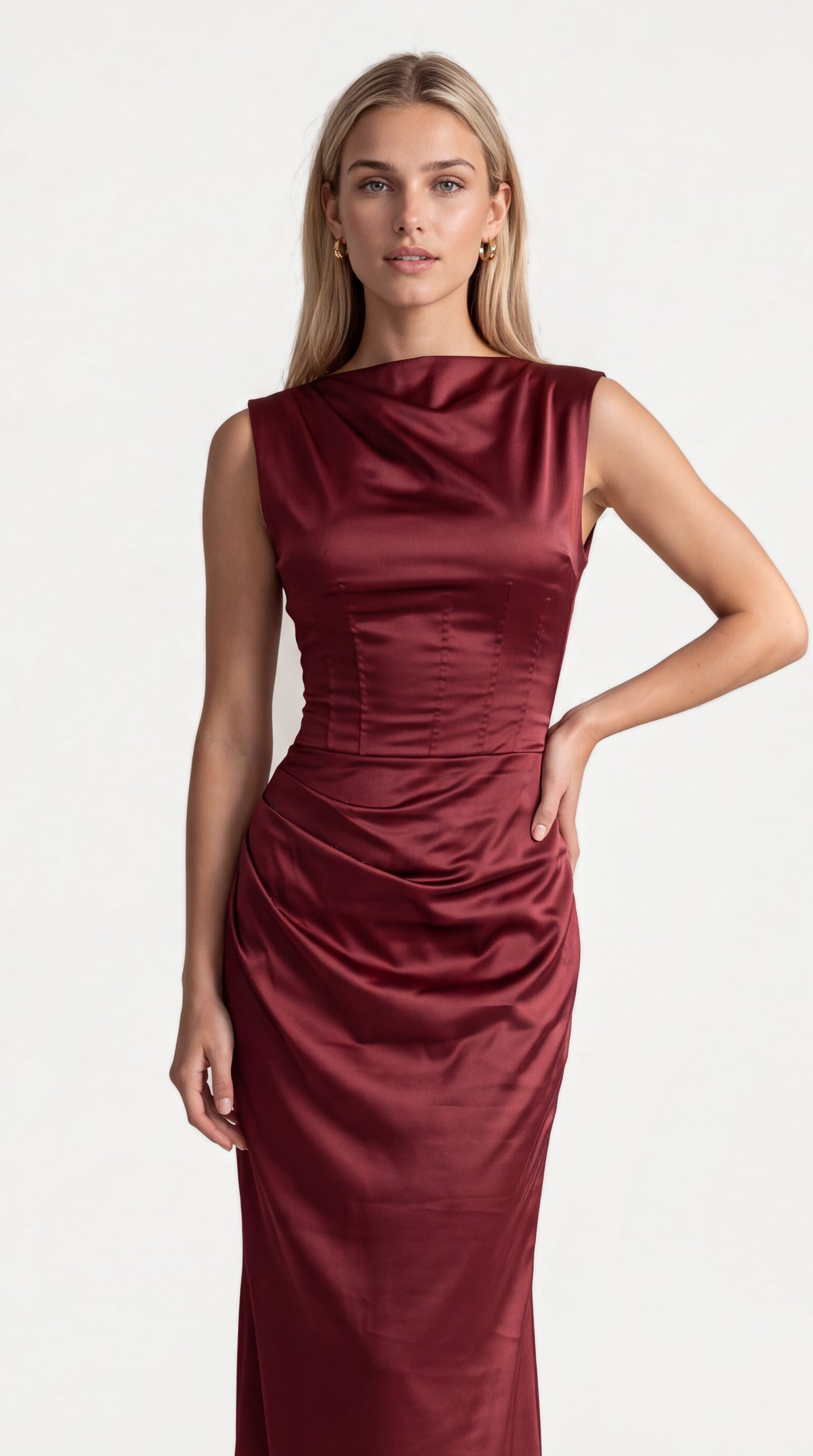 Burgundy satin corset maxi dress with draped neckline for women, the Genevieve Satin Corset Maxi Dress – Burgundy by ELLA Toronto, front view from head to knee showing the neckline, bodice and fit