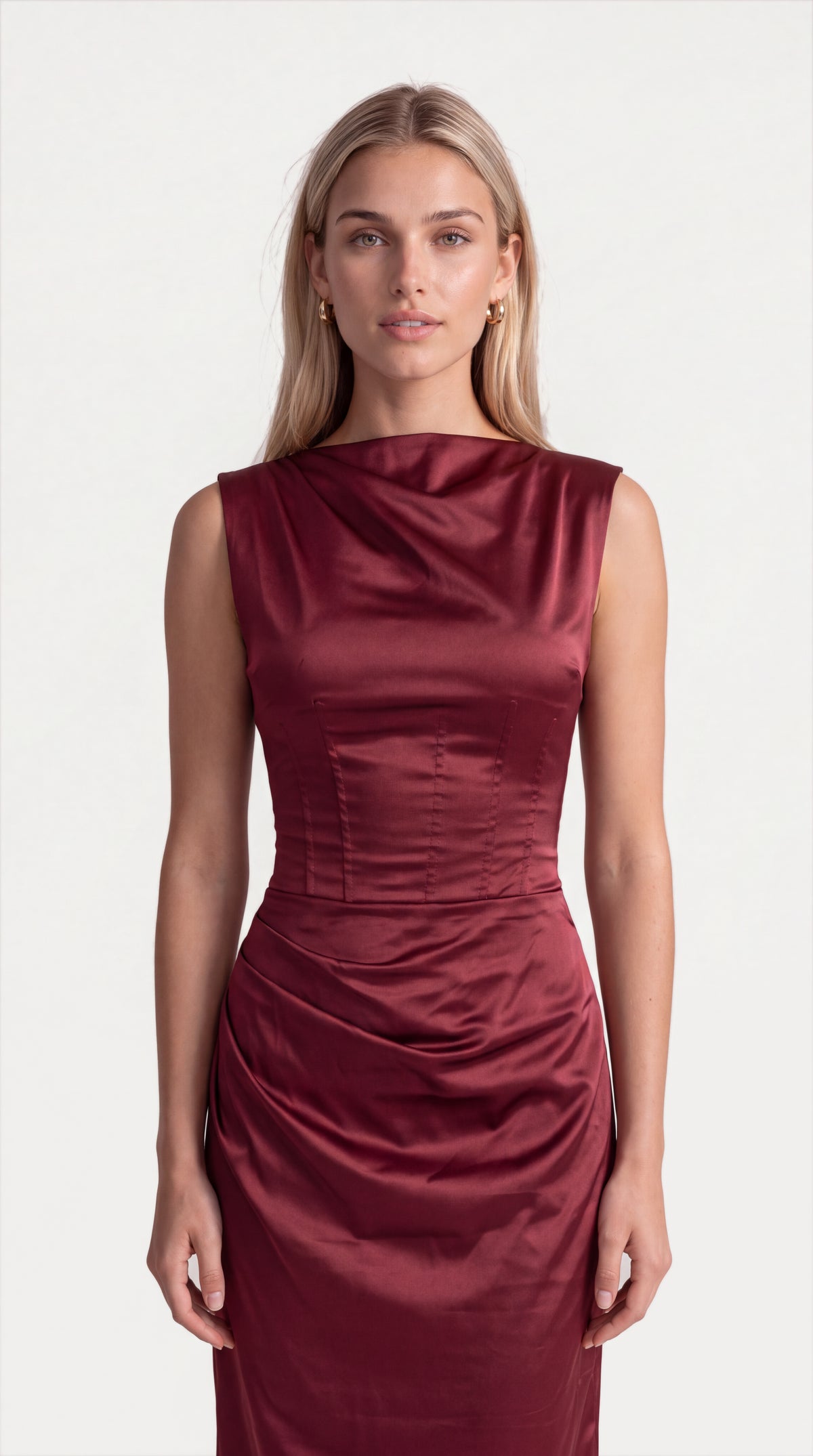 Close-up of the front of the Genevieve Satin Corset Maxi Dress – Burgundy, showing the neckline, bodice and fabric, ELLA Toronto