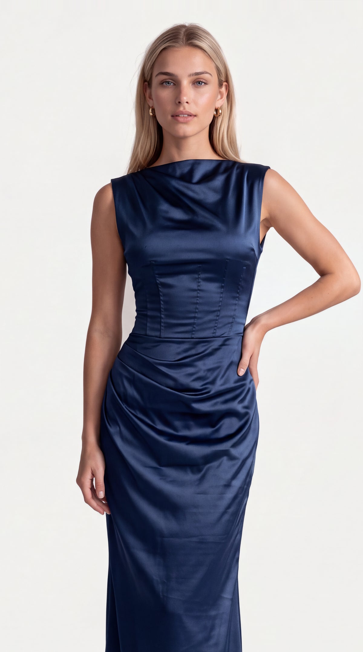 Close-up of the front of the Genevieve Satin Corset Maxi Dress – Navy Blue, showing the neckline, bodice and fabric, ELLA Toronto
