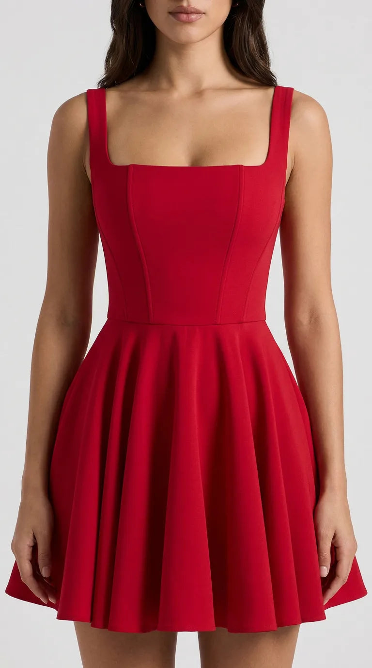 Close-up of the red Juliette Bow Mini Dress showing the square neckline, seamed corset bodice and detachable back bow, ELLA Toronto