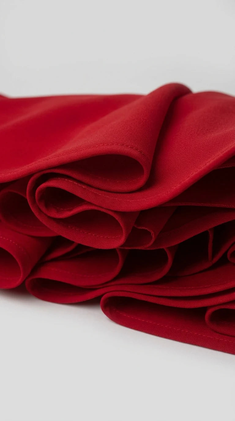 Close-up of the full A-line skirt of the red Juliette mini dress, showing soft folds and neat stitched hem, ELLA Toronto