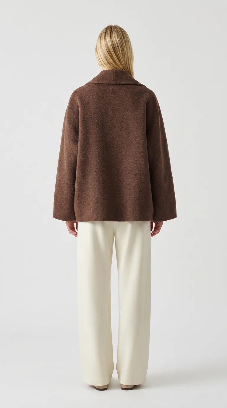 Coffee brown wool shawl collar coat for women, back view, ELLA Toronto