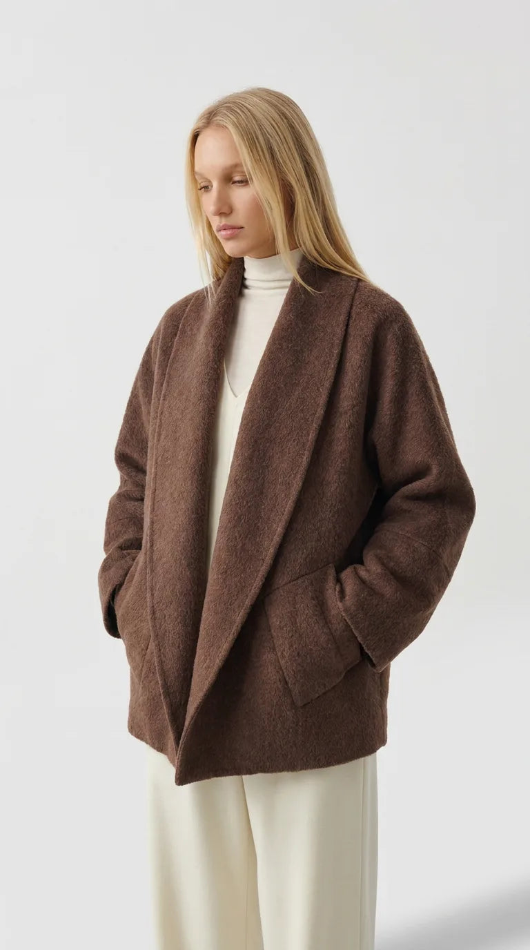 Coffee brown wool shawl collar coat close-up showing the fabric and details, ELLA Toronto