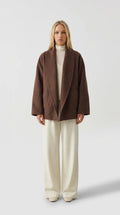 Coffee brown wool shawl collar coat for women by ELLA Toronto, front view