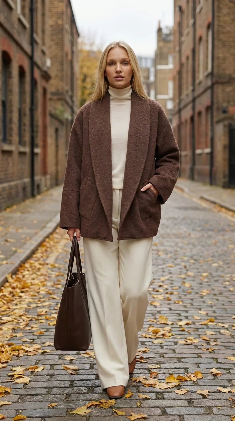 Coffee brown wool shawl collar coat for women styled on a city street, ELLA Toronto