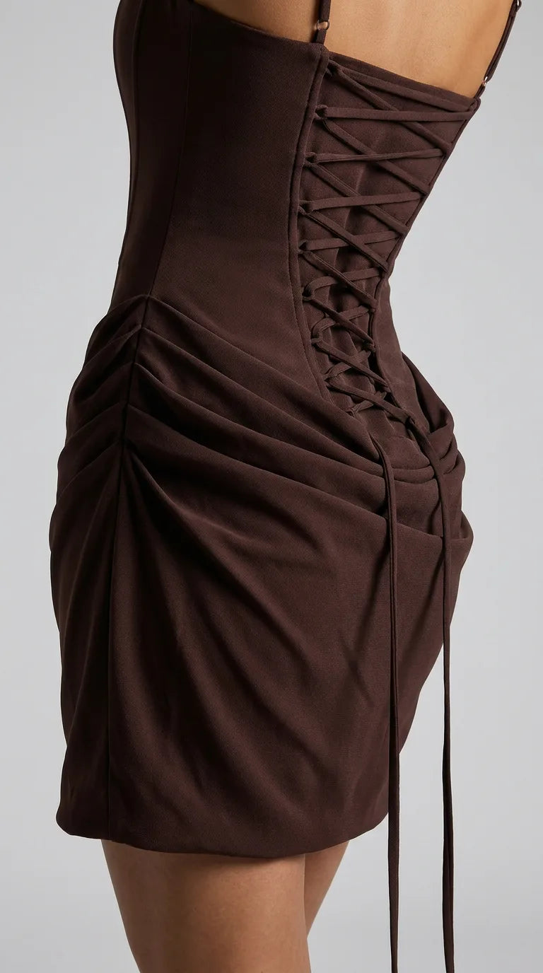 Chocolate brown corset mini dress with lace-up back and draped hip skirt for women, back view of the Margaux Corset Mini Dress with the corset laces tied in a bow, ELLA Toronto