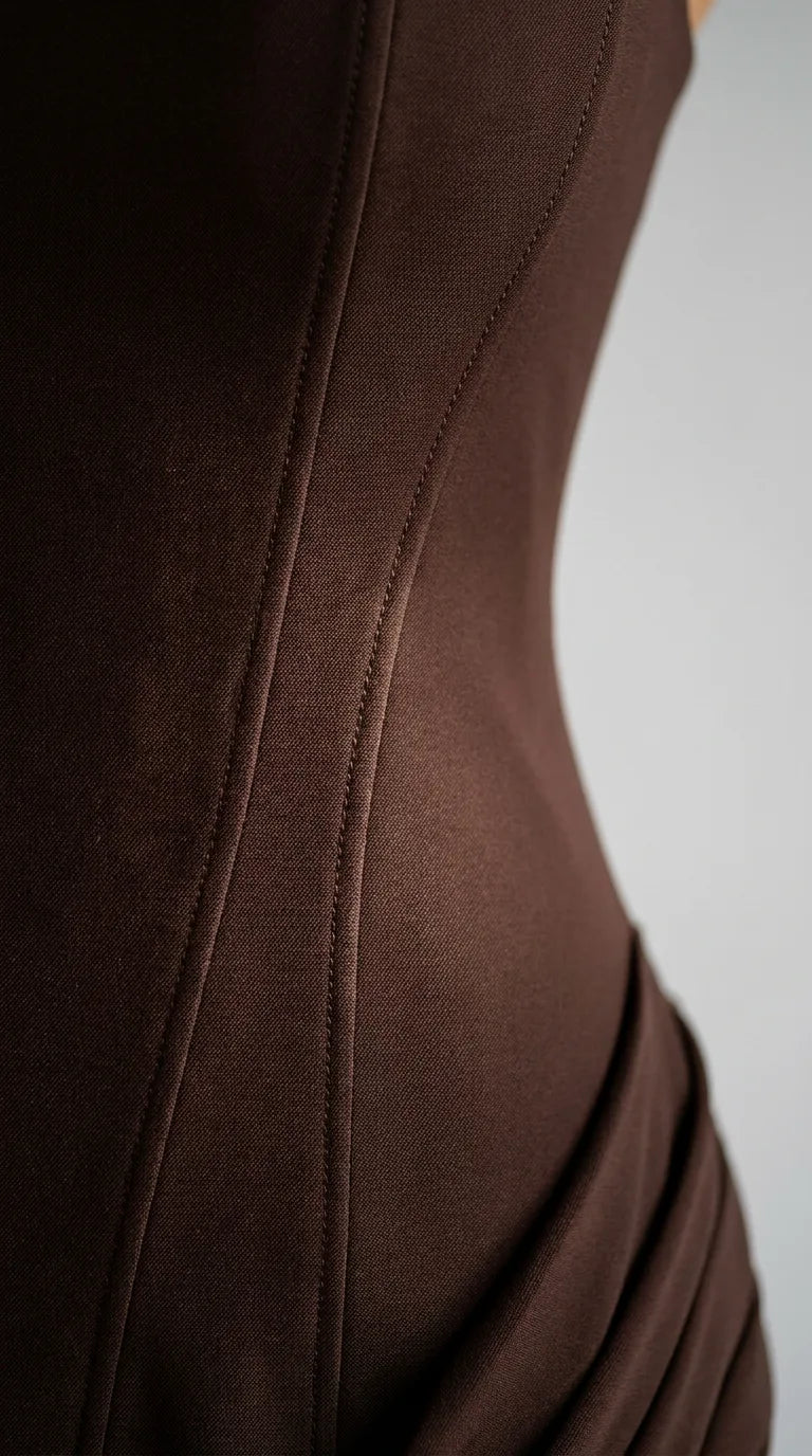 Inside of the chocolate brown Margaux Corset Mini Dress held open to show the lining and boning, ELLA Toronto