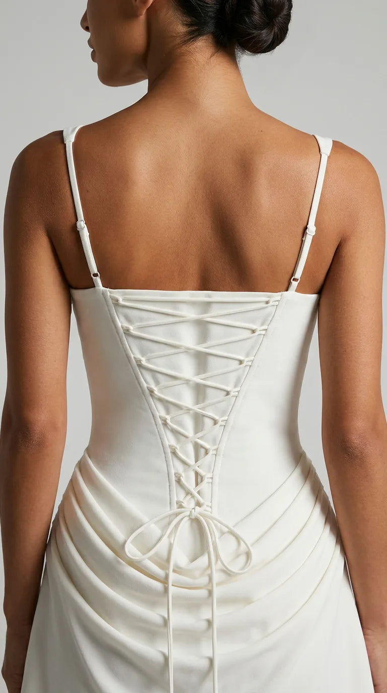 White ivory corset mini dress with lace-up back and draped hip skirt for women, back view of the Margaux Corset Mini Dress – White with the corset laces tied in a bow, ELLA Toronto