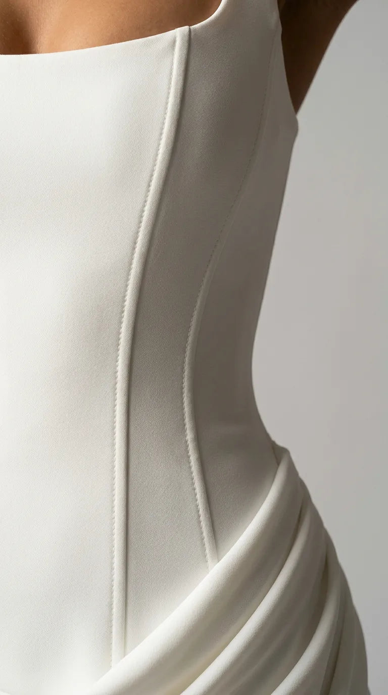 Inside of the Margaux Corset Mini Dress – White held open to show the lining and boning, ELLA Toronto
