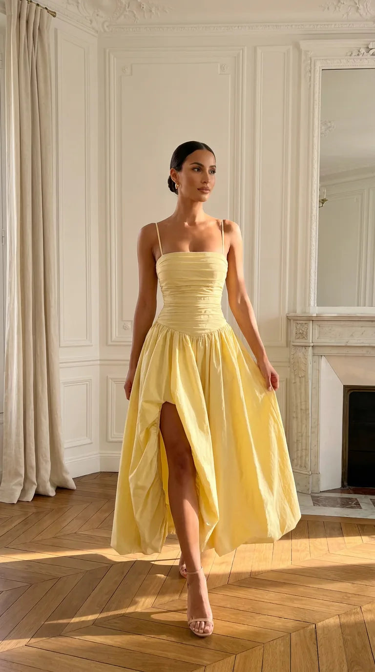 Cream yellow bubble hem midi dress with ruched bodice and front slit for women, the Odette Bubble Midi Dress – Cream Yellow by ELLA Toronto styled in an elegant Parisian apartment with white wall panelling, a marble fireplace and herringbone floors