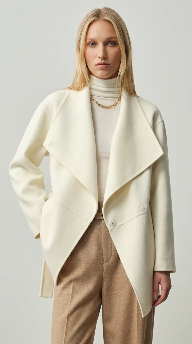 Ivory wool cashmere belted wrap coat close-up showing the fabric and details, ELLA Toronto