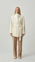 Ivory wool cashmere belted wrap coat for women by ELLA Toronto, front view