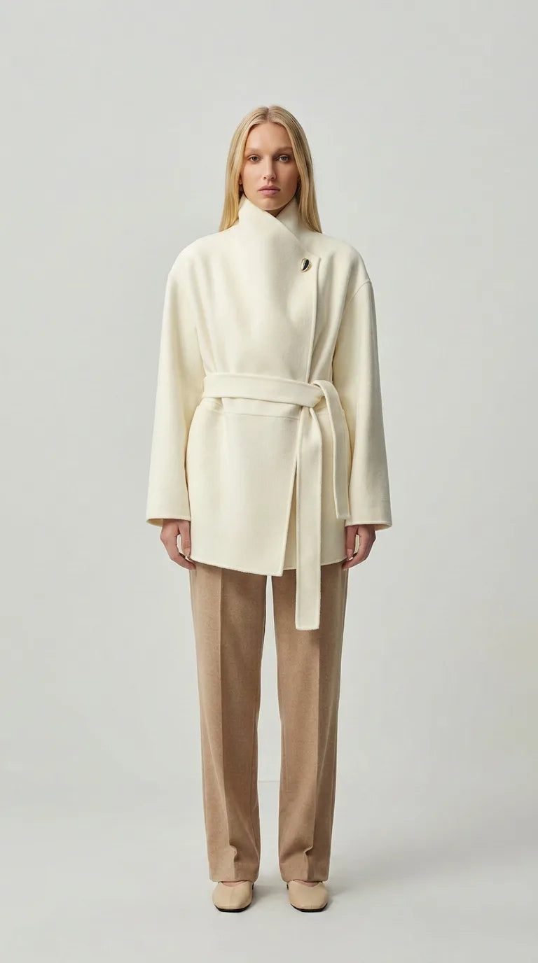 Ivory wool cashmere belted wrap coat for women by ELLA Toronto, front view