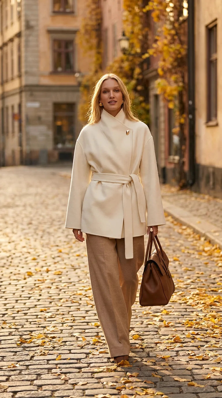 Ivory wool cashmere belted wrap coat for women styled on a city street, ELLA Toronto