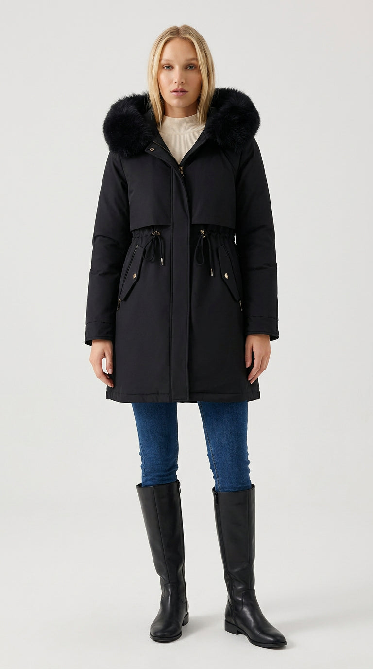 Black women's long parka with black faux fur hood and heart snap pockets by ELLA Toronto, front view