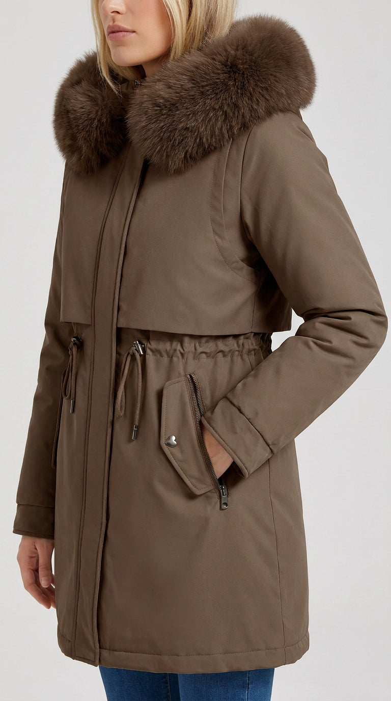 Coffee brown faux fur hooded parka for women, detail of the cinched waist and flap pocket