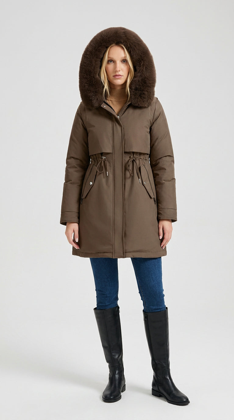 Coffee brown faux fur long parka for women worn with the hood up, fur trim framing the face, front view