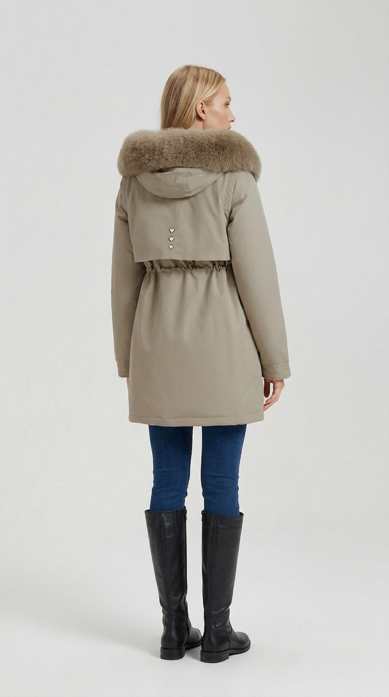 Back view of a khaki faux fur hooded parka for women, showing the hood and cinched drawstring waist